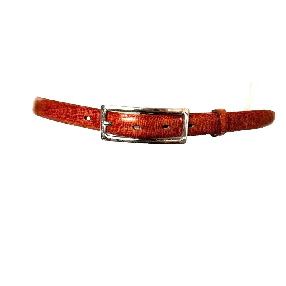 90 Ellen Tracy Italian Calfskin Skinny Leather Belt XS Silver Rectangle Buckle